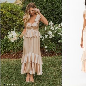 Mumu Reese ruffle dress champagne luxe satin